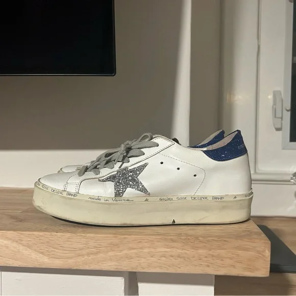 Golden Goose White and Blue Sneakers with Silver Star